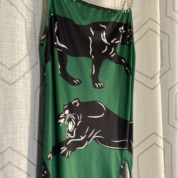 NWOT Women’s XS Maxi Dress Black/Green/White Chain Straps HIGH LEG SPLIT - Picture 3 of 9